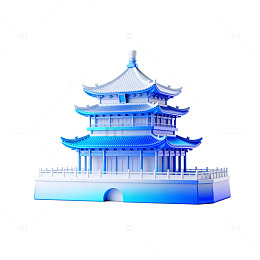 蓝色古风建筑模型3D渲染图