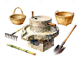 传统农具水彩画