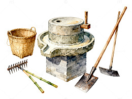 传统农具水彩画素材