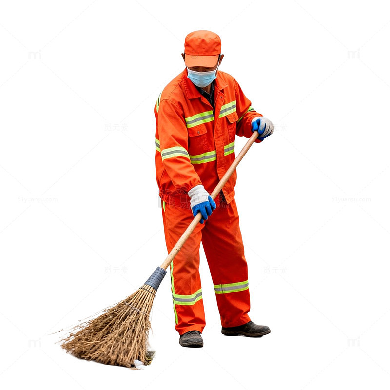 环卫工清扫街道写实画面