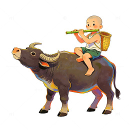 背篓牧童骑水牛 竹笛悠扬