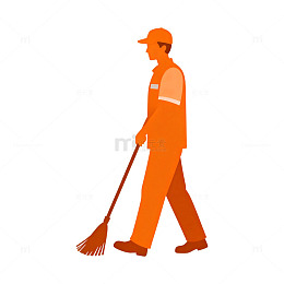 橙色工人扫地剪影插画