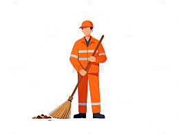 卡通环卫工人清洁街道