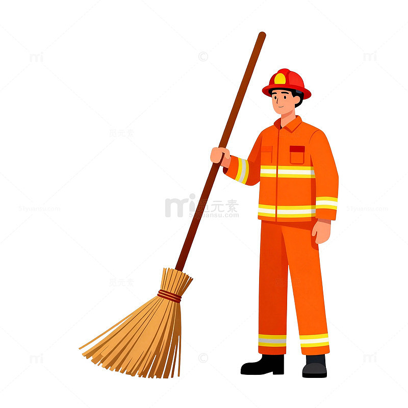 消防员扫帚卡通矢量图