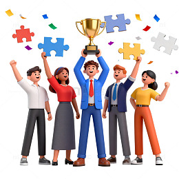 卡通团队合作庆祝奖杯插画