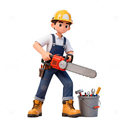 卡通建筑工人电锯工具插图
