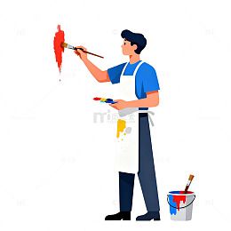 插画风格工人绘画墙壁