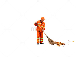 环卫工清扫落叶写实画面