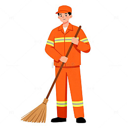 橙色工人扫帚清洁形象