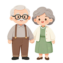 卡通风格老年夫妇牵手站立