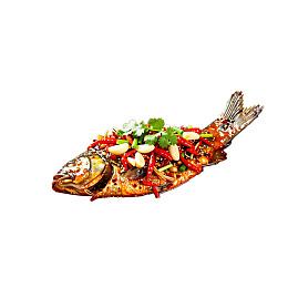 整条烤鱼配辣椒香菜图片