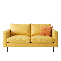 黄色布艺双人沙发配橙色靠垫