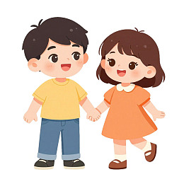 卡通男孩女孩牵手微笑
