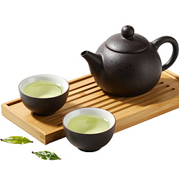 紫砂壶配三杯绿茶摆件