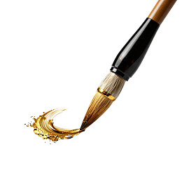 毛笔蘸金色液体飞溅瞬间