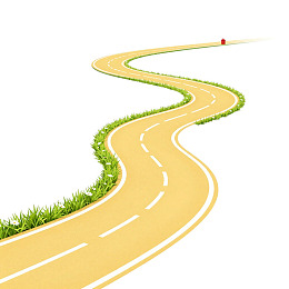 蜿蜒黄路绿草旁红车远