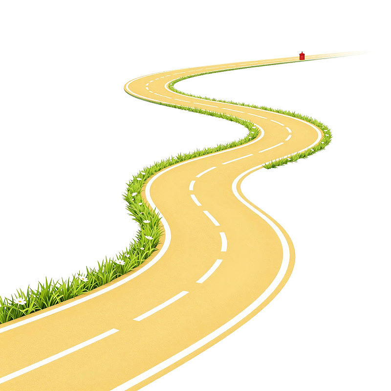 蜿蜒黄路绿草旁红车远