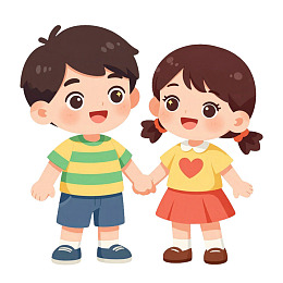 卡通男孩女孩牵手站立