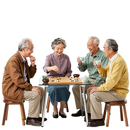 四位老人围坐下棋品茶