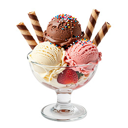 三球冰淇淋配饼干与草莓