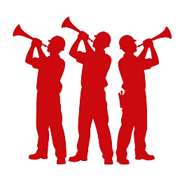 三名工人吹号角的红色剪影