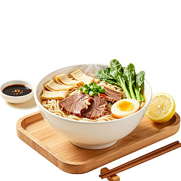 一碗牛肉拉面配青菜柠檬