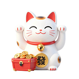 招财猫雕像旁放着金币宝箱