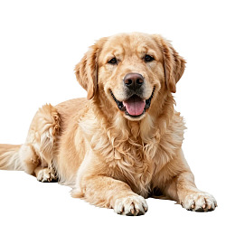 金毛犬白色背景下趴卧微笑