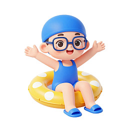 卡通男孩戴泳帽坐游泳圈