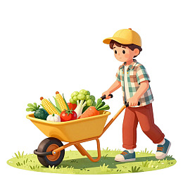 男孩推着装满蔬菜的手推车