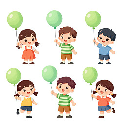 六个卡通小孩手持气球