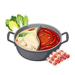 鸳鸯火锅配肉卷和蔬菜