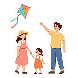 一家三口放风筝的温馨场景