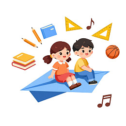 卡通儿童乘纸飞机学习