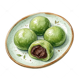 水彩手绘豆沙青团瓷盘盛景