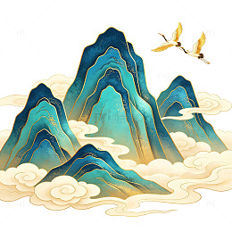 鎏金山峦间祥云瑞鹤舞长空