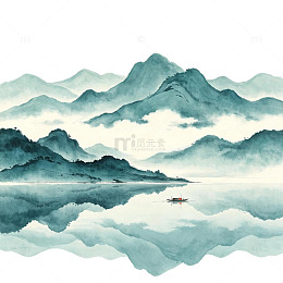 淡墨层峦映镜湖孤舟泛烟波