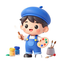 卡通画家手持画笔与调色盘