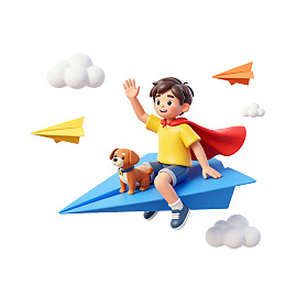 男孩与小狗乘纸飞机飞翔