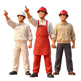 三名戴安全帽工人指向远方