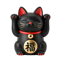 黑色招财猫雕像举爪祈福