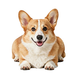 柯基犬白色背景趴卧微笑