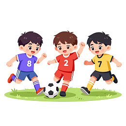 三个男孩在草地上踢足球