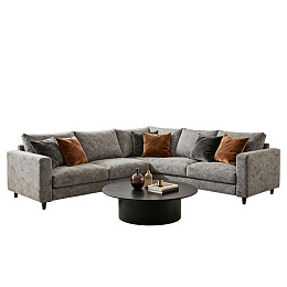 灰色布艺L型沙发搭配圆形茶几