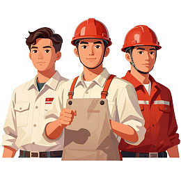 三名头戴安全帽的工人并排站立