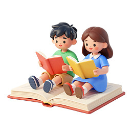 卡通男女共读大书场景