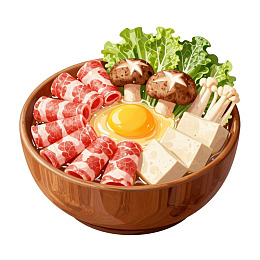 木碗盛放牛肉火锅配蛋豆腐