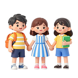 三个卡通学生手牵手图片