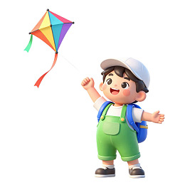 卡通男孩放飞彩色风筝
