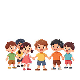 六个卡通儿童手拉手站立